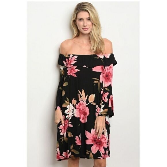 Black Floral Off-The-Shoulder Dress-Medium  - Picture 1 of 5